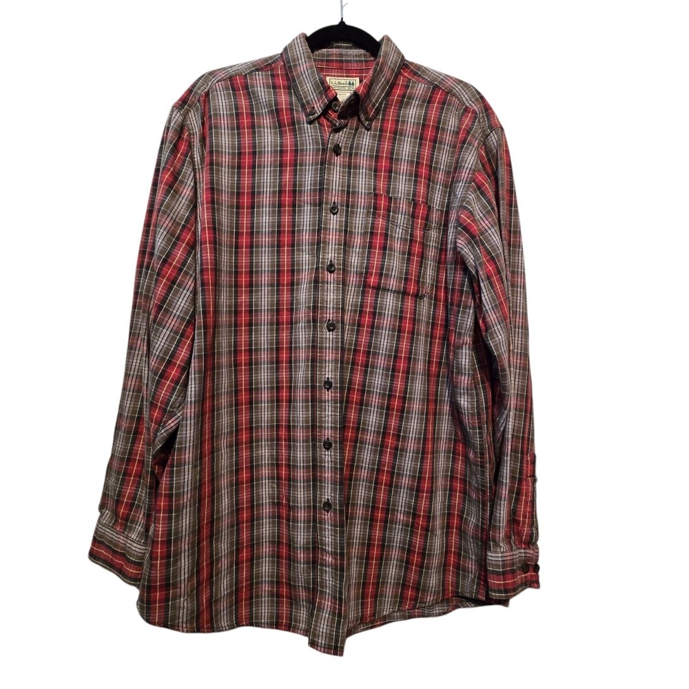 Vtg LL Bean Plaid Flannel Shirt Men LG Tall Red Brown Button Down Cabin Outdoor